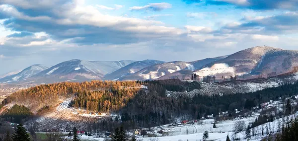 Zasněžené hřebeny Beskyd nad lesy