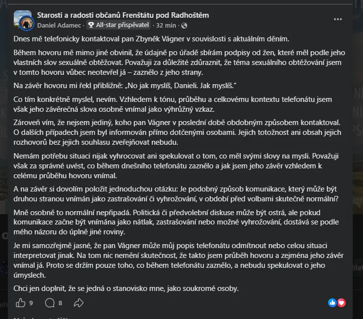 Příspěvek Daniela Adamce ve facebookové skupině Starosti a radosti občanů Frenštátu pod Radhoštěm (snímek obrazovky, 21. 9. 2026)