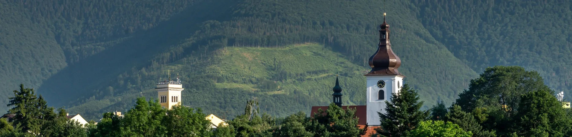 Věž kostela nad korunami stromů s hřebeny Beskyd v pozadí